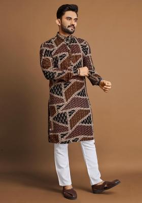 Brown Embroidered Cotton Kurta With Pyjama For Men