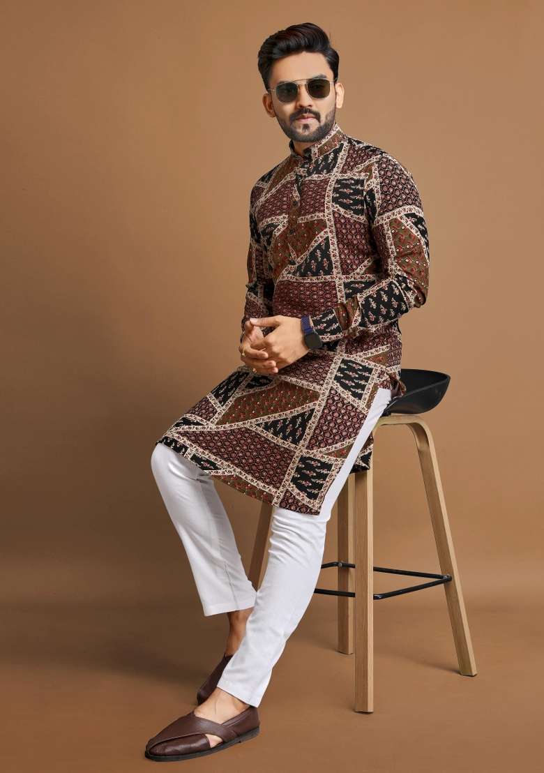 Brown Embroidered Cotton Kurta With Pyjama For Men - Indya