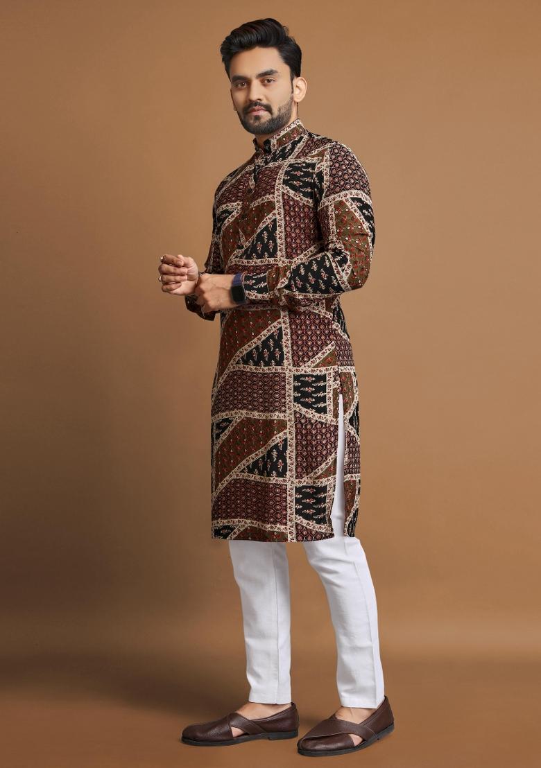 Brown Embroidered Cotton Kurta With Pyjama For Men - Indya