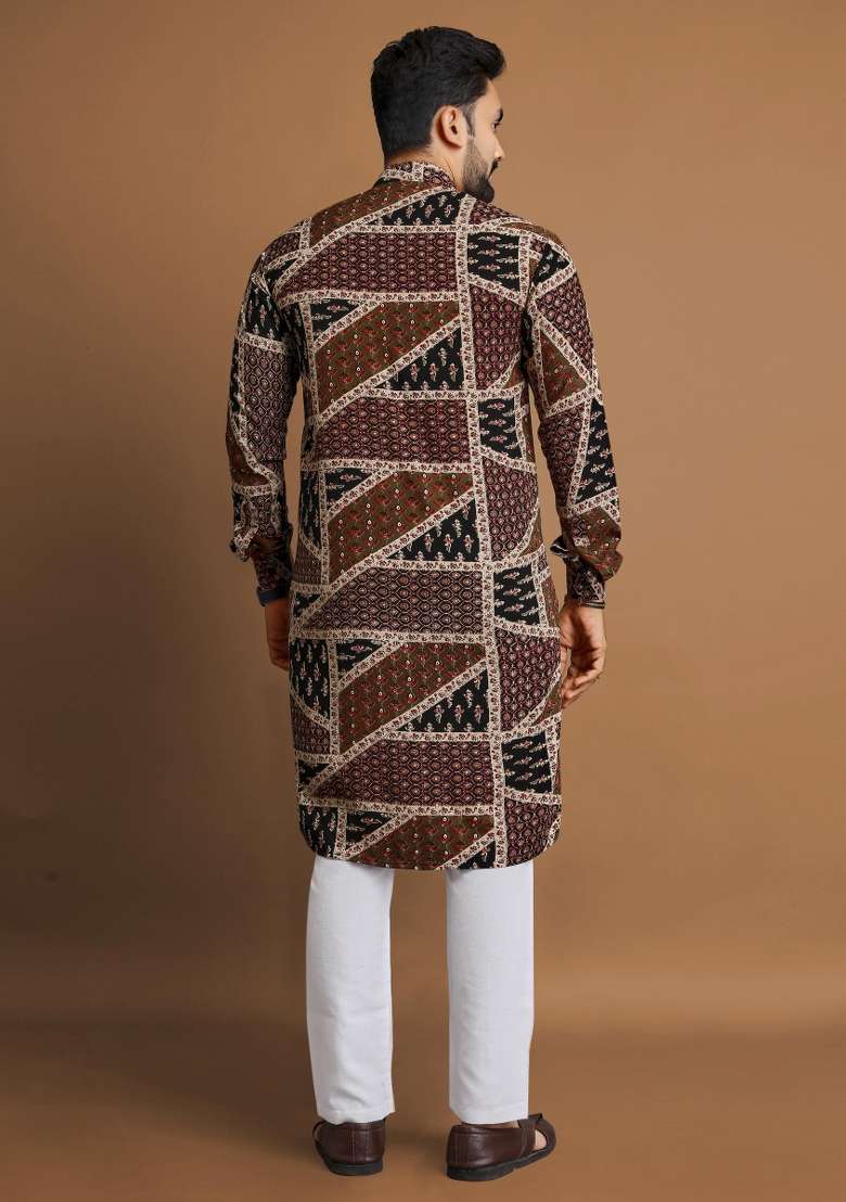 Brown Embroidered Cotton Kurta With Pyjama For Men - Indya
