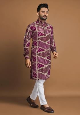 Wine Embroidered Cotton Kurta With Pyjama For Men
