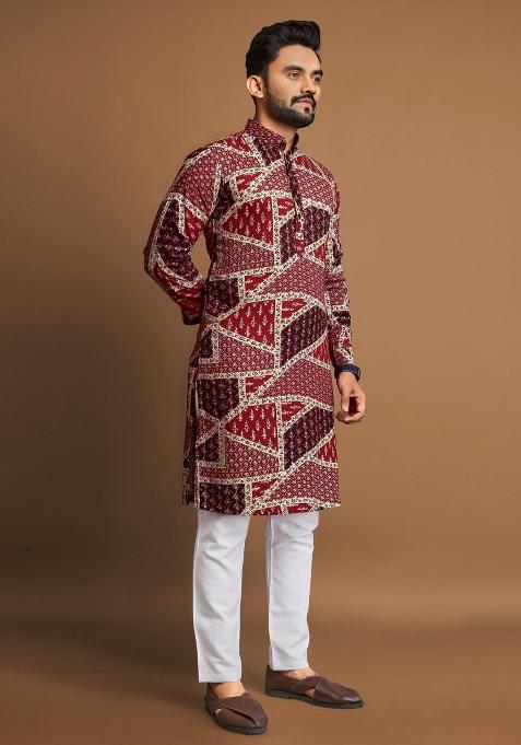 Maroon Embroidered Cotton Kurta With Pyjama For Men