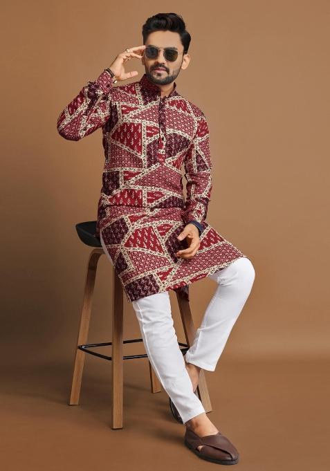 Maroon Embroidered Cotton Kurta With Pyjama For Men