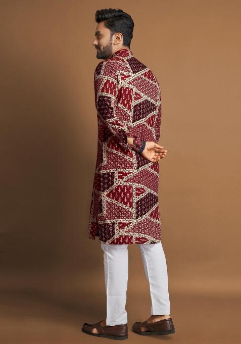 Maroon Embroidered Cotton Kurta With Pyjama For Men