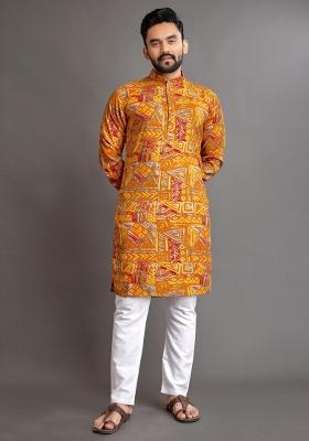Yellow Embroidered Cotton Kurta With Pyjama For Men