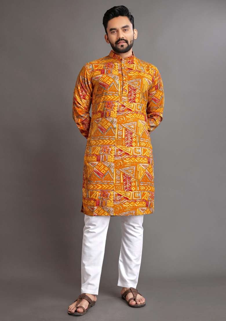 Yellow Embroidered Cotton Kurta With Pyjama For Men - Indya