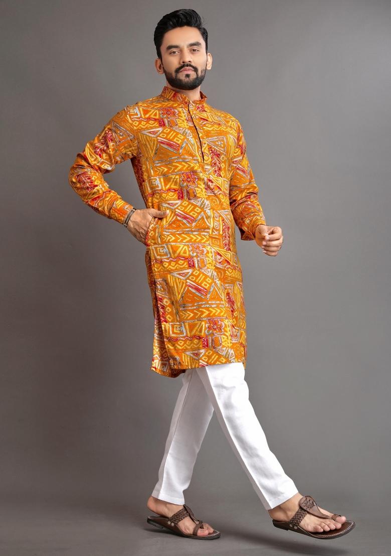 Yellow Embroidered Cotton Kurta With Pyjama For Men - Indya