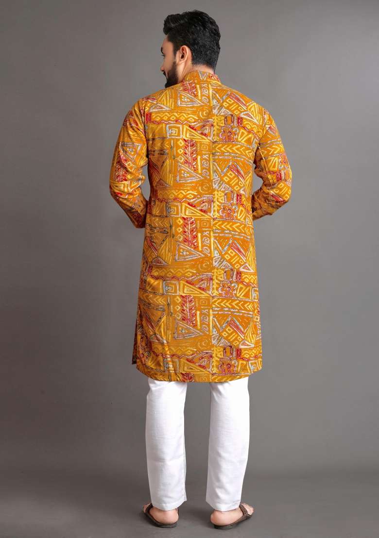 Yellow Embroidered Cotton Kurta With Pyjama For Men - Indya