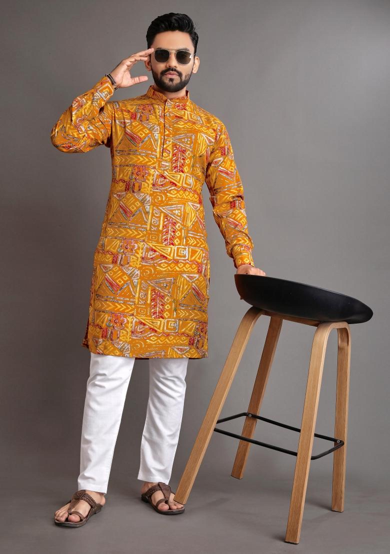 Yellow Embroidered Cotton Kurta With Pyjama For Men - Indya