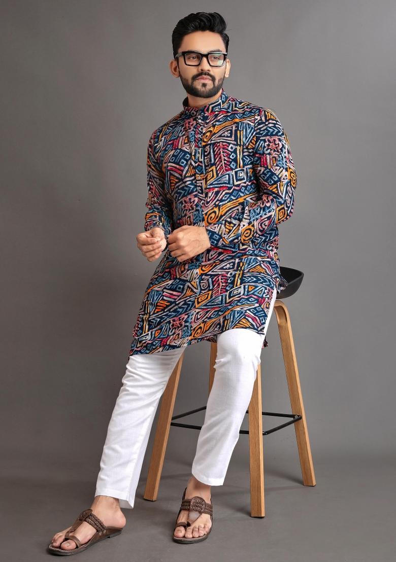 Blue Embroidered Cotton Kurta With Pyjama For Men - Indya