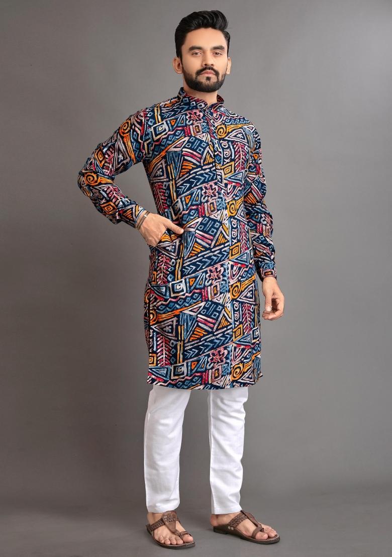Blue Embroidered Cotton Kurta With Pyjama For Men - Indya