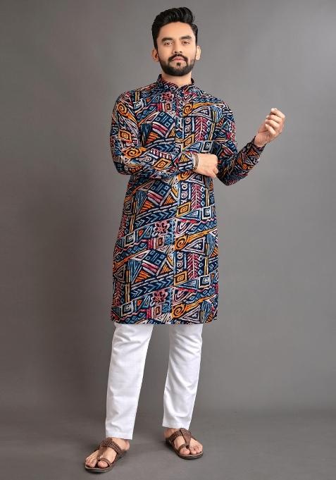 Blue Embroidered Cotton Kurta With Pyjama For Men