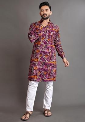 Wine Embroidered Cotton Kurta With Pyjama For Men