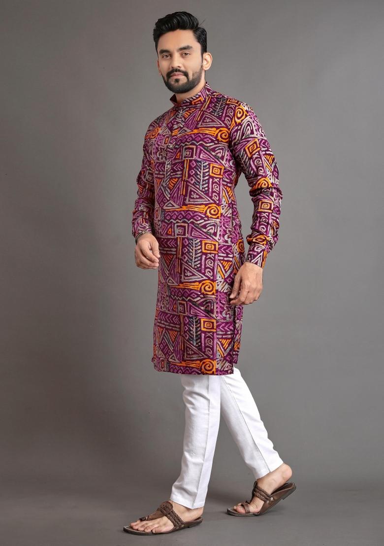 Wine Embroidered Cotton Kurta With Pyjama For Men - Indya