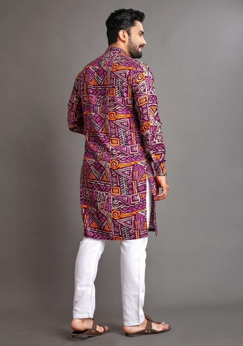 Wine Embroidered Cotton Kurta With Pyjama For Men - Indya