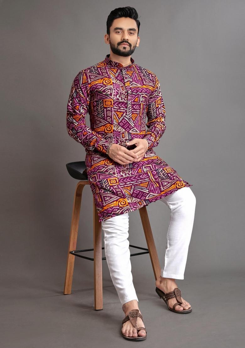 Wine Embroidered Cotton Kurta With Pyjama For Men - Indya