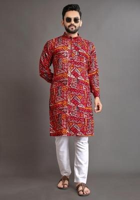 Maroon Embroidered Cotton Kurta With Pyjama For Men
