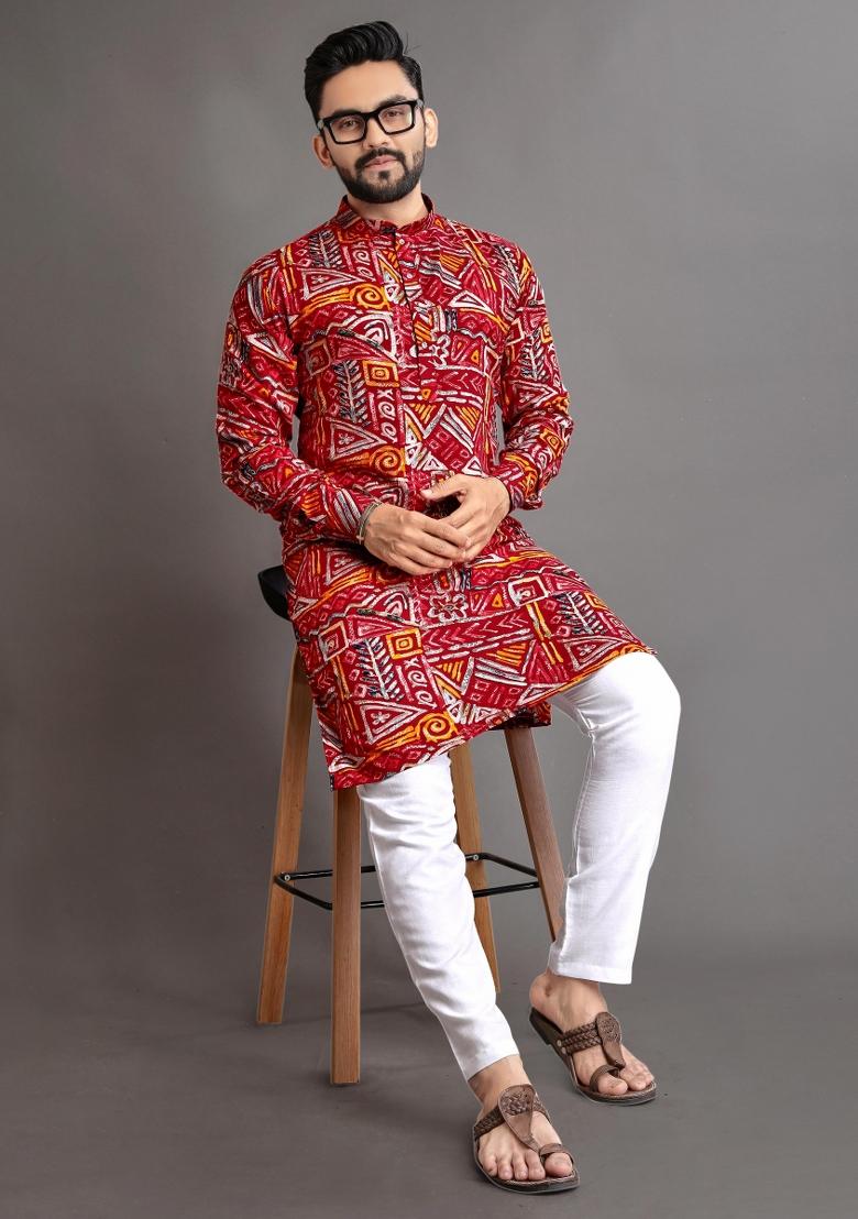 Maroon Embroidered Cotton Kurta With Pyjama For Men