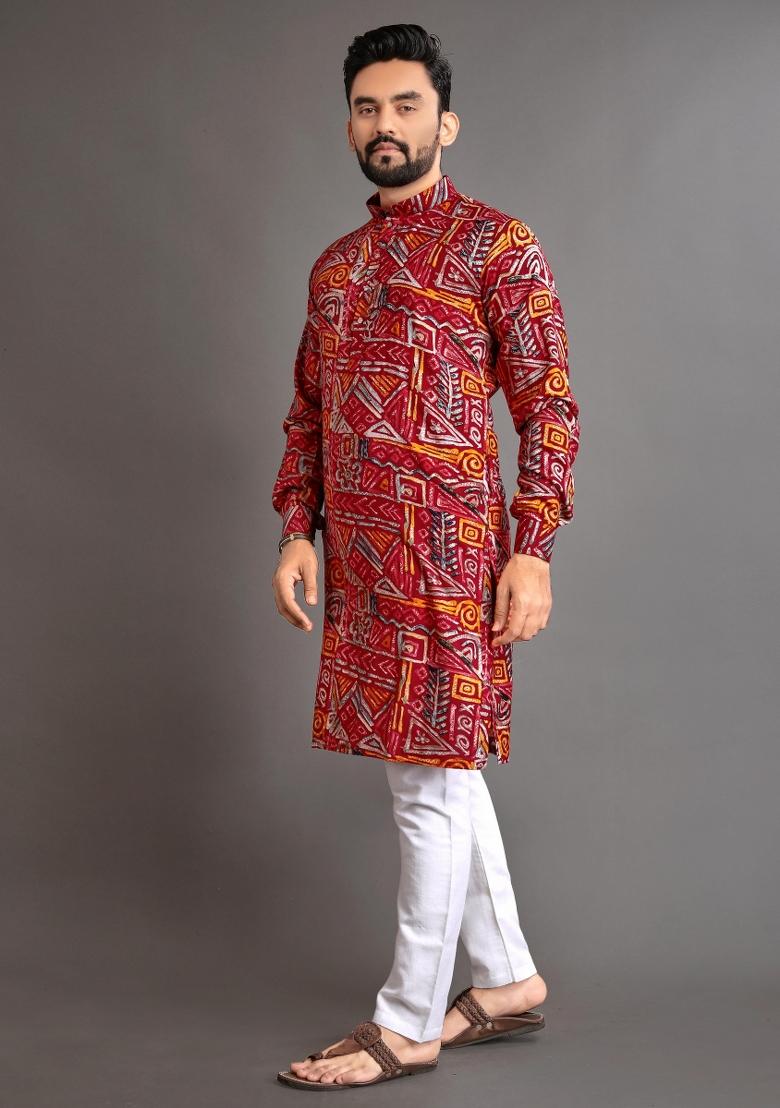 Maroon Embroidered Cotton Kurta With Pyjama For Men - Indya