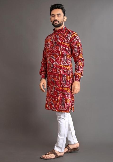 Maroon Embroidered Cotton Kurta With Pyjama For Men