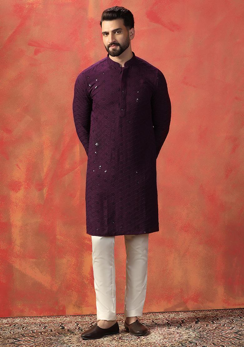 Purple Embroidered Cotton Kurta Pajama Set For Men
