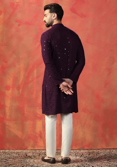 Purple Embroidered Cotton Kurta Pajama Set For Men