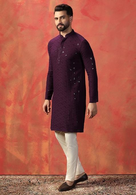 Purple Embroidered Cotton Kurta Pajama Set For Men
