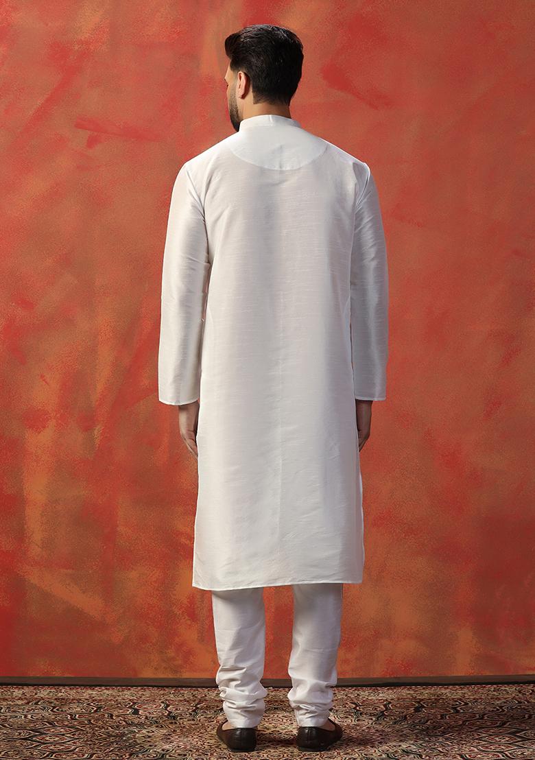 White Solid Silk Kurta Pajama Set For Men