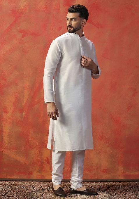 White Solid Silk Kurta Pajama Set For Men