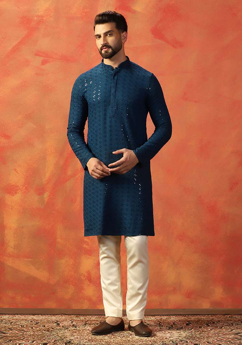 Blue Embroidered Cotton Kurta Pajama Set For Men - Indya