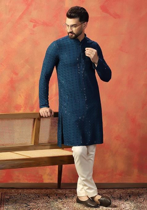 Blue Embroidered Cotton Kurta Pajama Set For Men