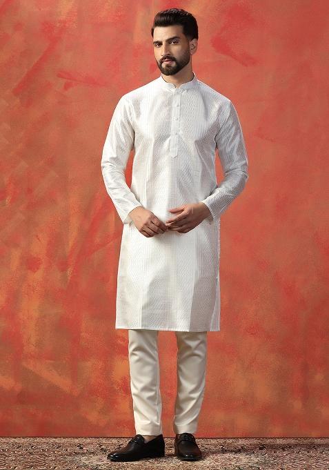 White Embroidered Silk Kurta Pajama Set For Men