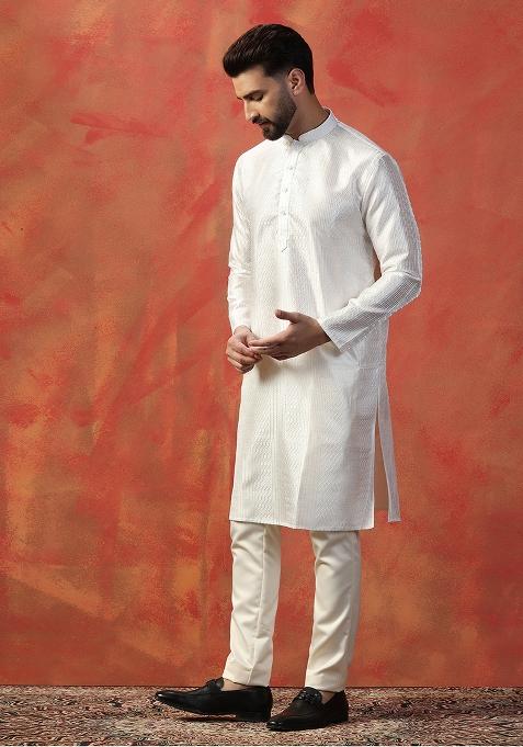White Embroidered Silk Kurta Pajama Set For Men