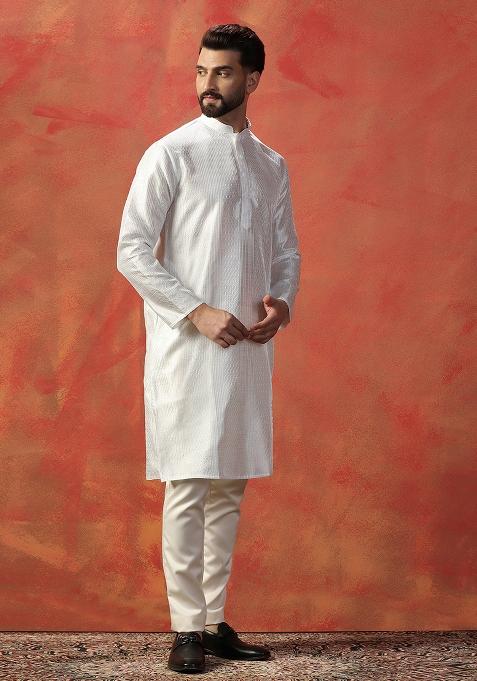 White Embroidered Silk Kurta Pajama Set For Men