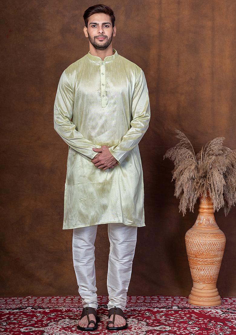Green Solid Blended Kurta Churidar Set For Men