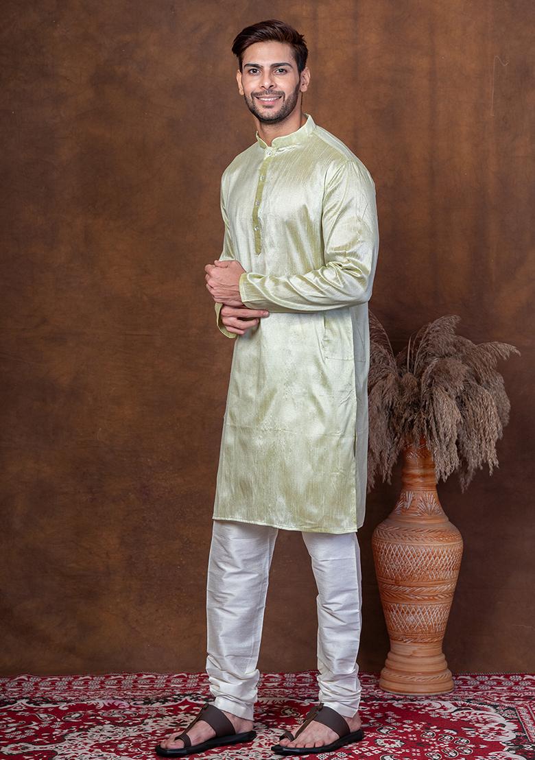 Green Solid Blended Kurta Churidar Set For Men