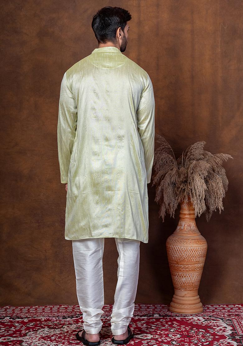 Green Solid Blended Kurta Churidar Set For Men