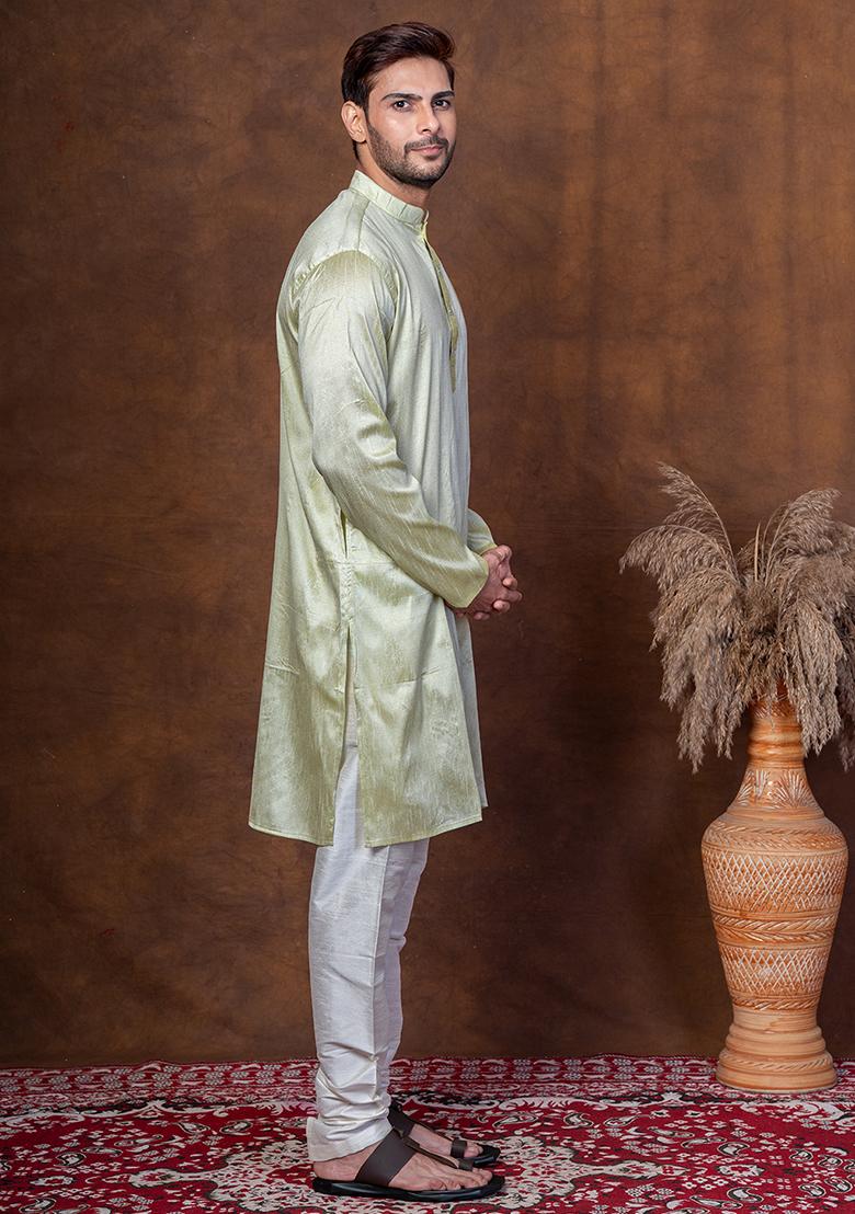 Green Solid Blended Kurta Churidar Set For Men