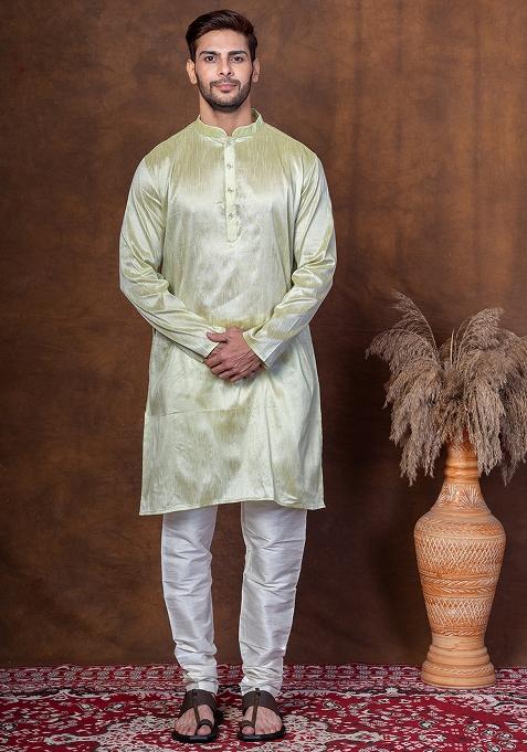 Green Solid Blended Kurta Churidar Set For Men