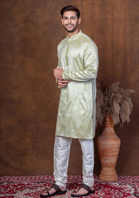 Green Solid Blended Kurta Churidar Set For Men