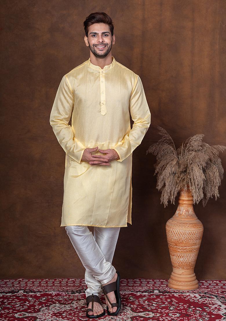 Yellow Solid Blended Kurta Churidar Set For Men