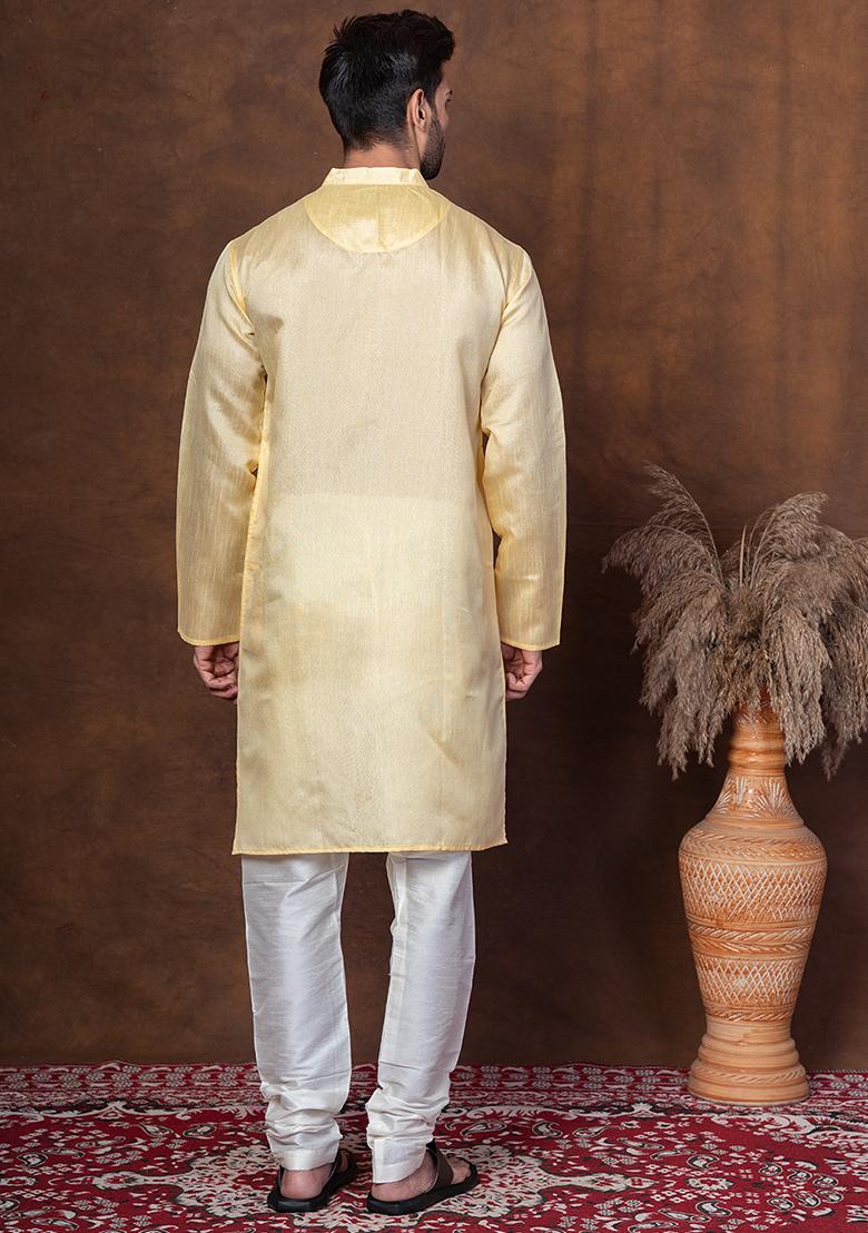 Yellow Solid Blended Kurta Churidar Set For Men