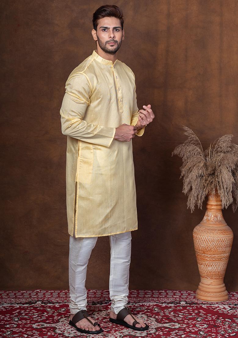 Yellow Solid Blended Kurta Churidar Set For Men