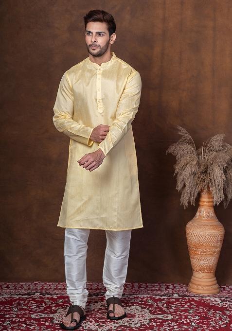 Yellow Solid Blended Kurta Churidar Set For Men