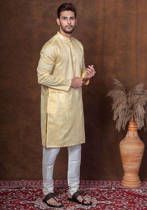 Yellow Solid Blended Kurta Churidar Set For Men
