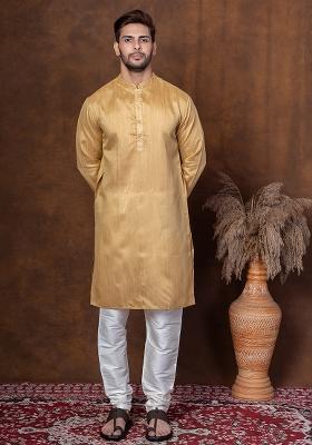 Beige Solid Blended Kurta Churidar Set For Men