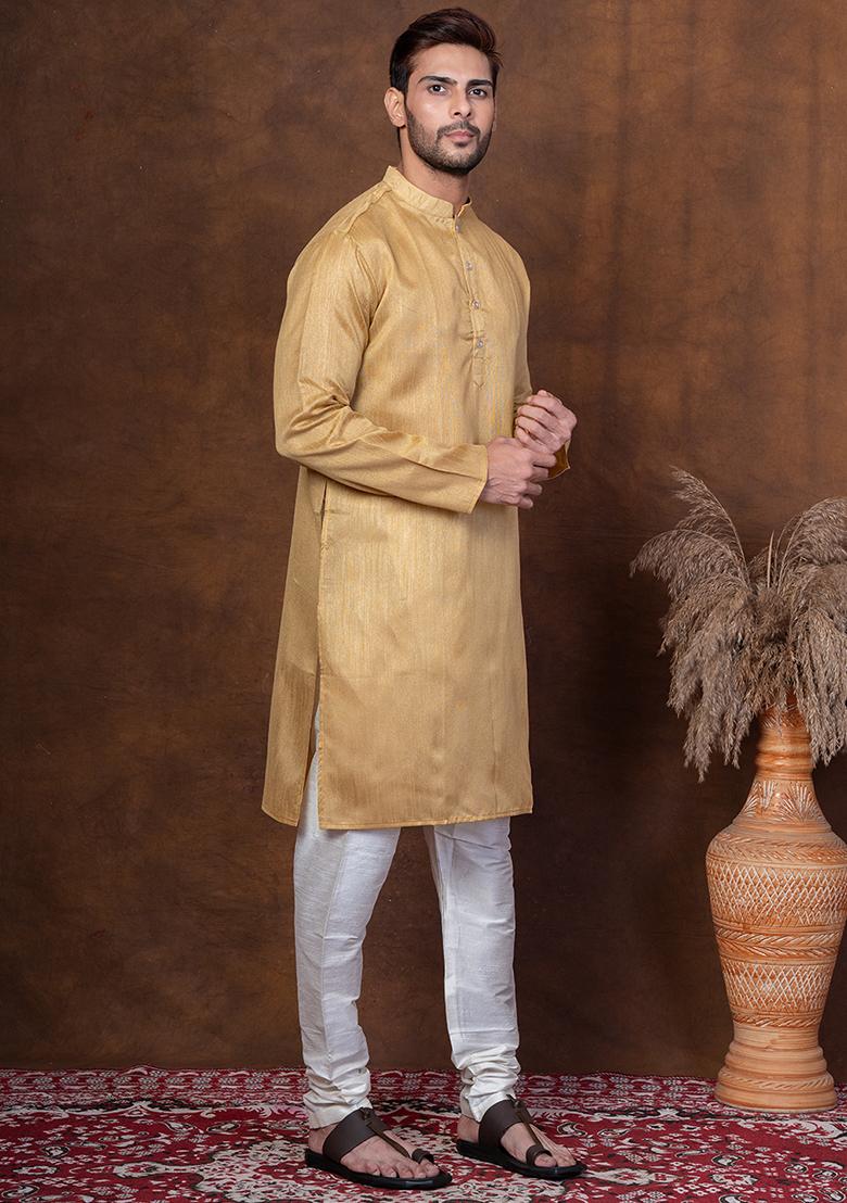Beige Solid Blended Kurta Churidar Set For Men - Indya