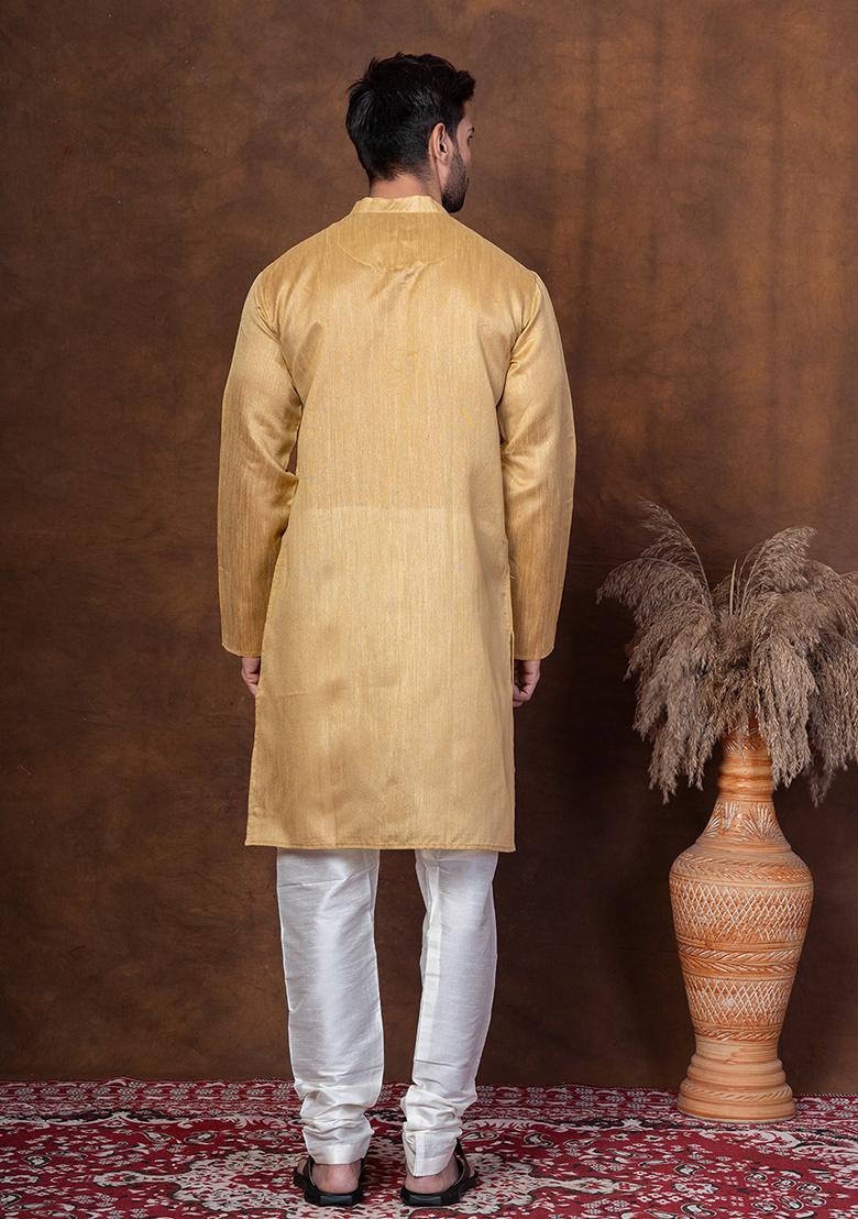 Beige Solid Blended Kurta Churidar Set For Men