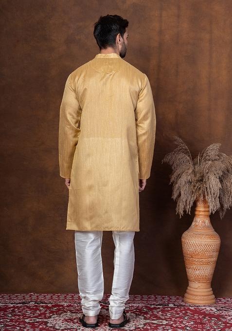 Beige Solid Blended Kurta Churidar Set For Men