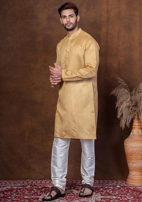 Beige Solid Blended Kurta Churidar Set For Men